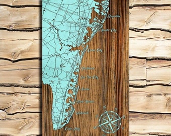 Atlantic City to Cape May NJ Wood Map |  Laser-engraved Burnt Wooden Map | Custom Wood Wall Art