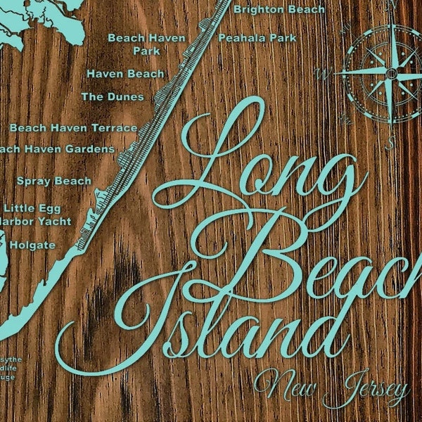 Long Beach Island - LBI New Jersey Shore Wood Map |  Laser-engraved Burnt Wooden Map | Custom Wood Wall Art