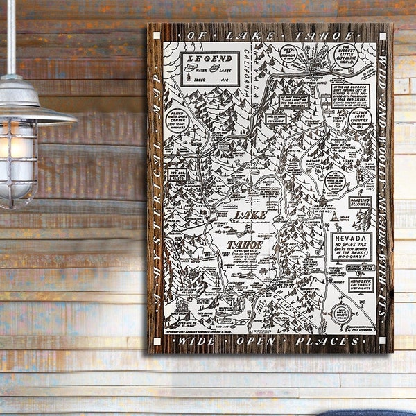 Lake Tahoe - Reno NV 'Hysterical' Wood Map |  Laser-engraved Burnt Wooden Map | Custom Wood Wall Art