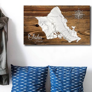 Wooden Oahu Hawaii Topographic Map |  Laser-engraved Burnt Wooden Map | Custom Wood Wall Art