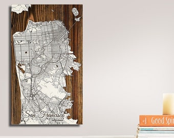 San Francisco CA Wooden Street Map |  Laser-engraved Burnt Wooden Map | Custom Wood Wall Art