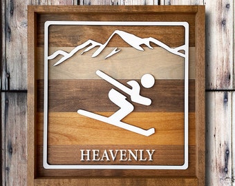 Skiing Art, Heavenly Ski Resort Wood Signs | Skier, Snowboarder, Gondola, Chairlift Art | Gifts for Skiers, Recreation Sign, Snowboarding