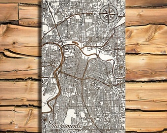 Wooden Sacramento California Street Map |  Laser-engraved Burnt Wooden Map | Custom Wood Wall Art