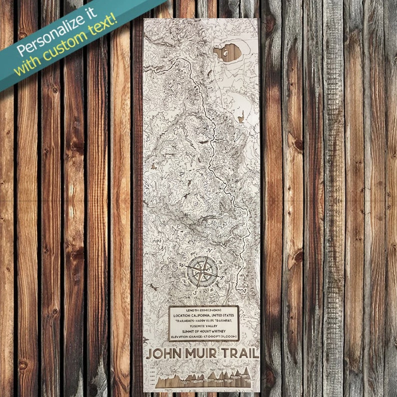 Wooden John Muir Trail Map | JMT Sign, Backpacking, Gifts for Hikers ...
