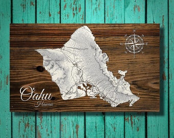 Oahu, HI Topographical Wood Map |  Laser-engraved Burnt Wooden Map | Custom Wood Wall Art