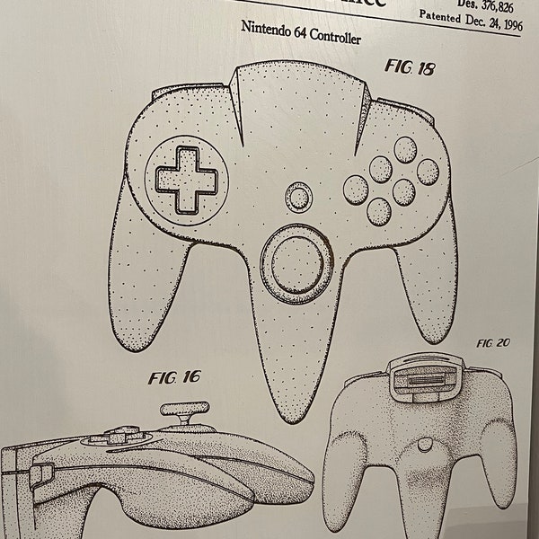 Nintendo 64 Controller Video Game Patent Wood Sign |  Laser-engraved Wooden Patent Art | N64 Patent Art