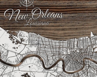 Wooden New Orleans Louisiana Wall Map |  Laser-engraved Burnt Wooden Map | Custom Wood Wall Art