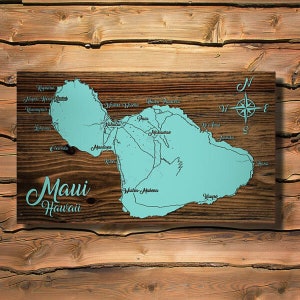 Maui, Hawaii Wood Map |  Laser-engraved Burnt Wooden Map | Custom Wood Wall Art