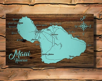 Maui, Hawaii Wood Map |  Laser-engraved Burnt Wooden Map | Custom Wood Wall Art