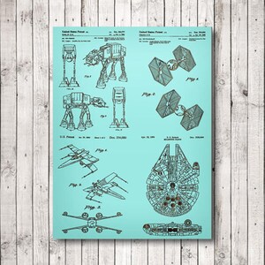 May include: A vintage-style blueprint of Star Wars vehicles on a light blue background. The blueprint includes the Millennium Falcon, X-Wing, TIE Fighter, and AT-AT. The text on the blueprint includes "United States Patent" and "Dec. 20, 1977".