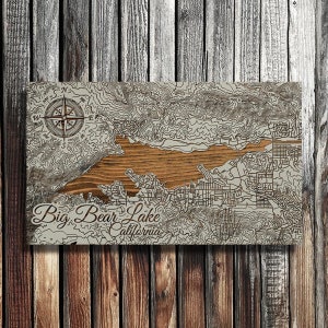 Wooden Big Bear Lake Street Map |  Laser-engraved Burnt Wooden Map | Custom Wood Wall Art
