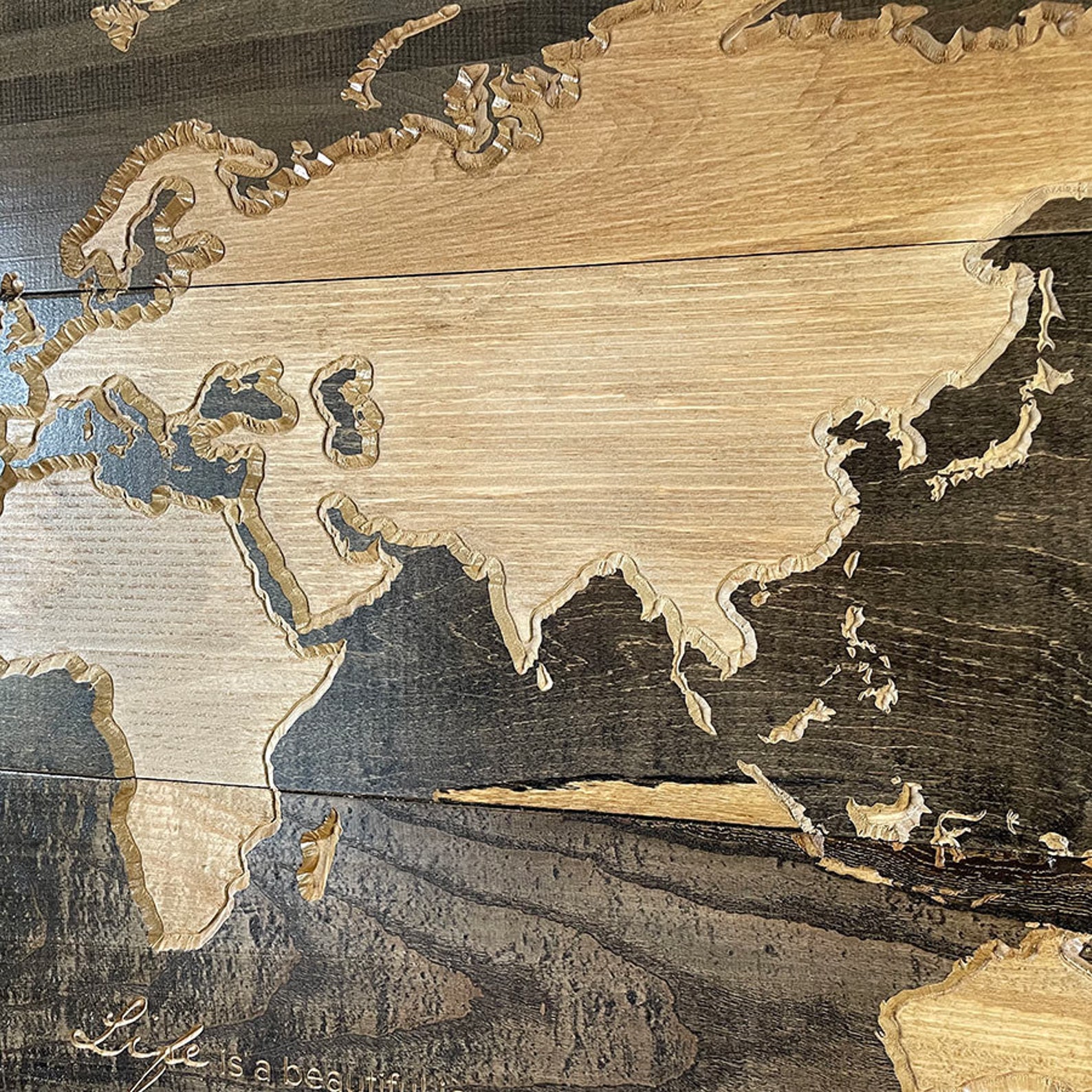 Carved Wood World Map, Custom Map of the World, Rustic Cabin Décor