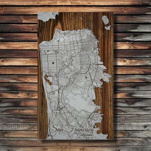 San Francisco CA Wooden Street Map Laser-engraved Burnt Wooden Map Custom Wood Wall Art Lunar Grey
