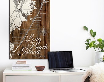 Wooden Long Beach Island Map, LBI Jersey Shore Wood Map |  Laser-engraved Burnt Wooden Map | Custom Wood Wall Art