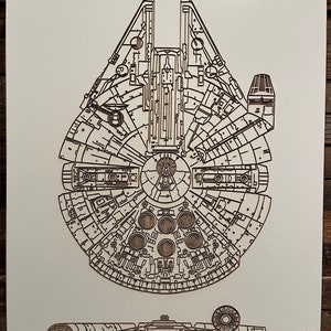 May include: A black and white line drawing of the Millennium Falcon spaceship, with the text "U.S. Patent MILLENNIUM FALCON Des. 228,688 Apr. 19, 1979" at the top.