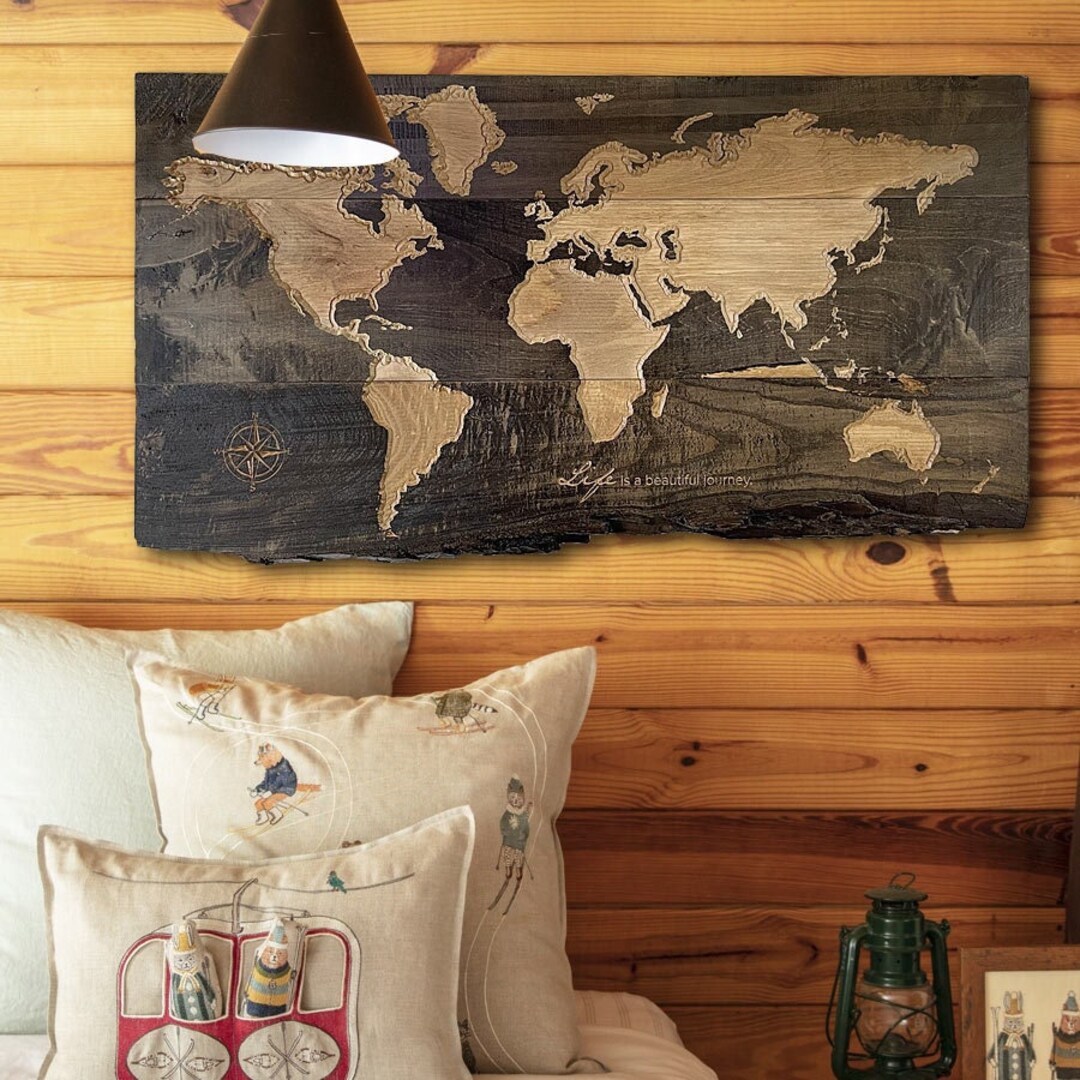 Carved Wood World Map, Custom Map of the World, Rustic Cabin Décor