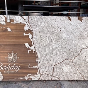 Berkeley CA Wooden Street Map |  Laser-engraved Burnt Wooden Map | Custom Wood Wall Art