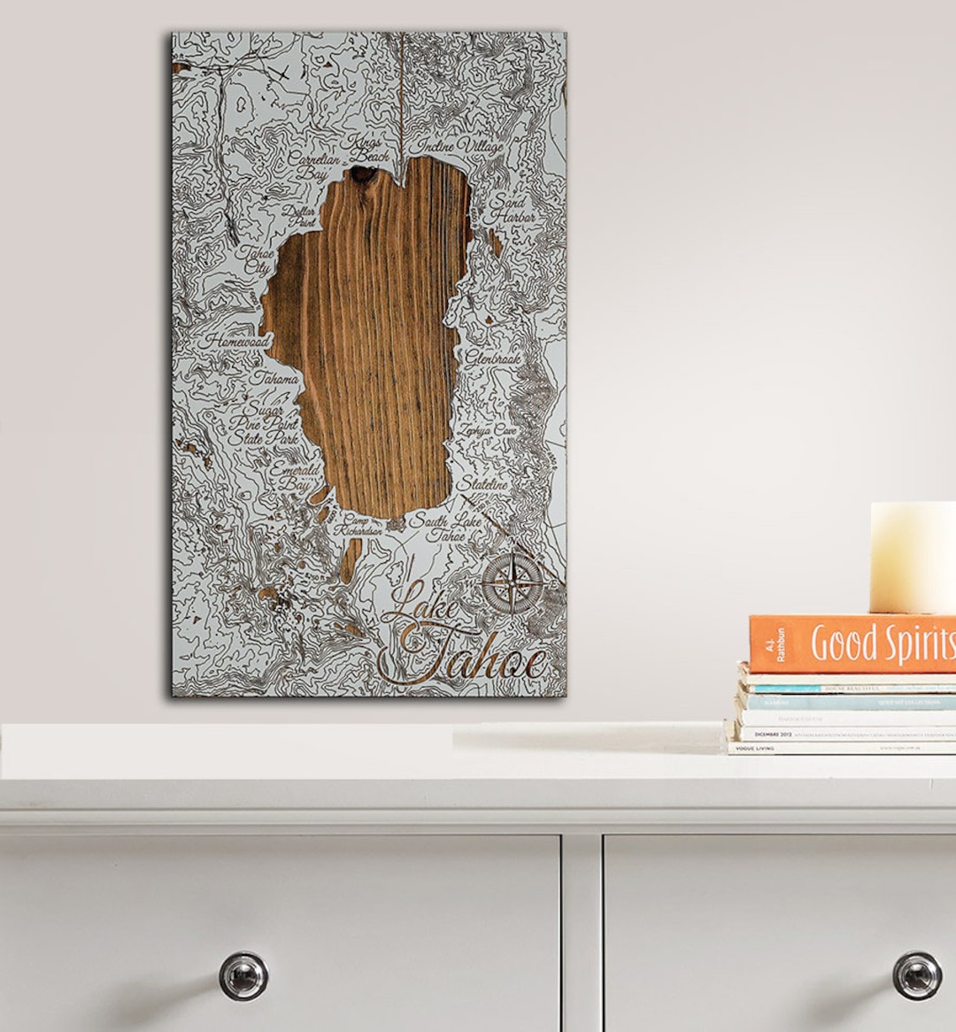 Lake Tahoe Wood Map small Laserengraved Burnt Wooden Map Lake Tahoe