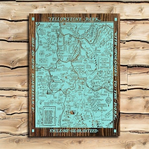 Yellowstone National Park, WY &#39;Hysterical&#39; Wood Map |  Laser-engraved Burnt Wooden Map | Custom Wood Wall Art