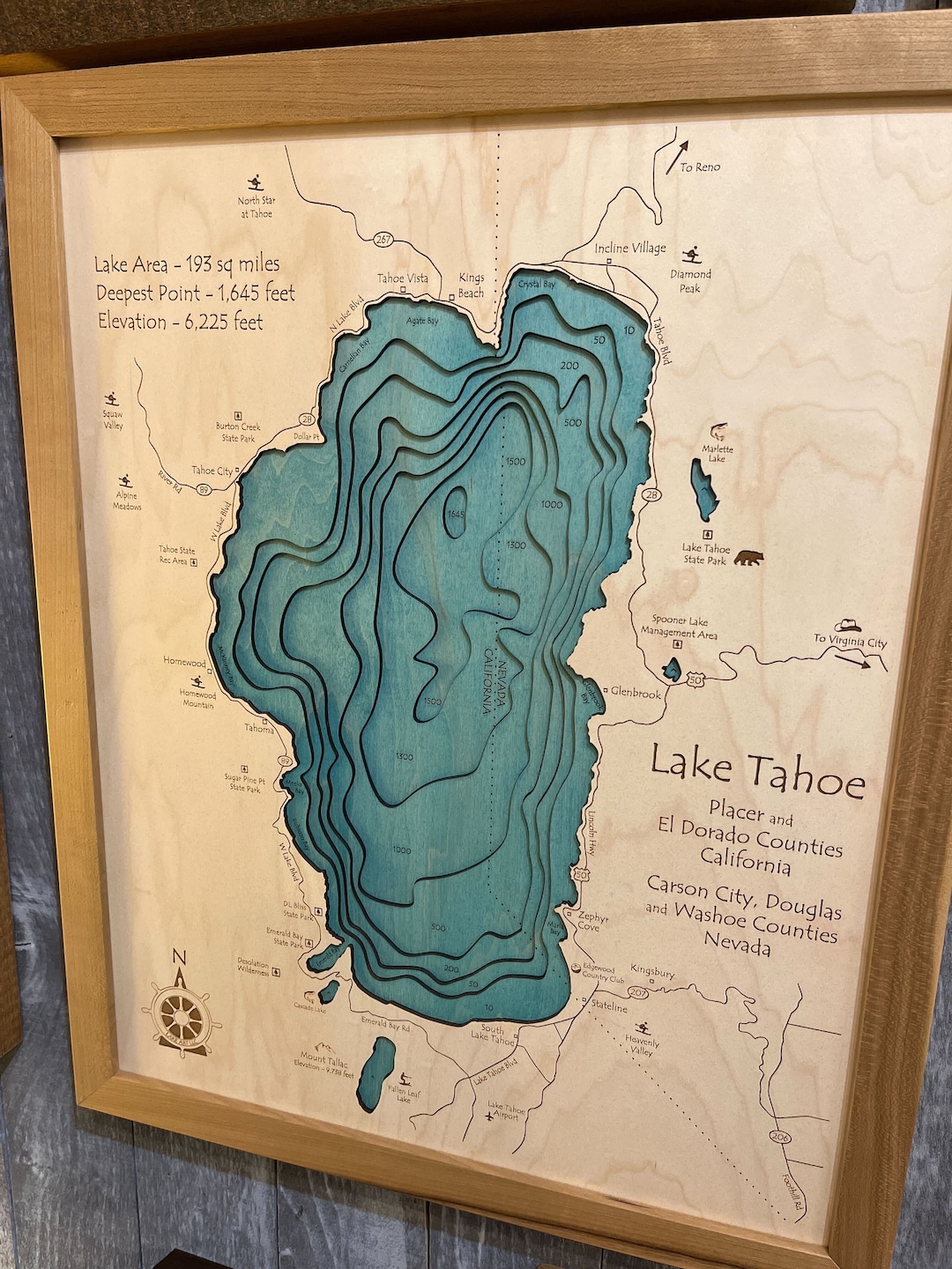 Lake Tahoe 3D Wood Maps Tahoe Framed Nautical Depth Map of Lake Tahoe