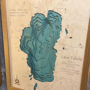 Lake Tahoe 3D Wood Maps | Tahoe Framed Nautical Depth Map of Lake Tahoe | Lake Tahoe Gift, Anniversary Gift, Gift for Him, Nautical Décor
