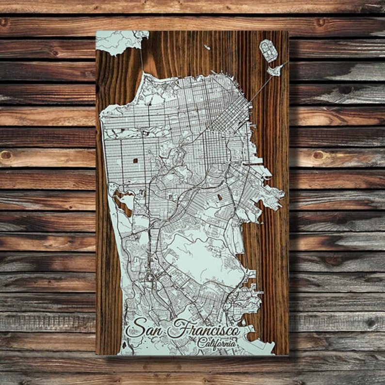San Francisco CA Wooden Street Map Laser-engraved Burnt Wooden Map Custom Wood Wall Art Seaglass