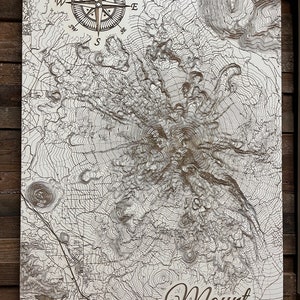 Mount Shasta Wood Topo Map |  Laser-engraved Burnt Wooden Map | Custom Wood Wall Art