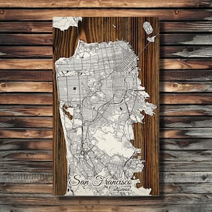 San Francisco CA Wooden Street Map Laser-engraved Burnt Wooden Map Custom Wood Wall Art Papier Blanc
