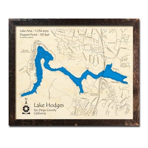 Lake Hodges, CA 3D Wood Map | California | Custom Nautical Wood Chart |  Lake House, Cabin Décor Anniversary Gift