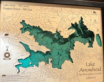 Lake Arrowhead CA 3D Wood Map |  California | Nautical Wood Chart |  Nautical Décor, Gift for Him, Cabin Décor