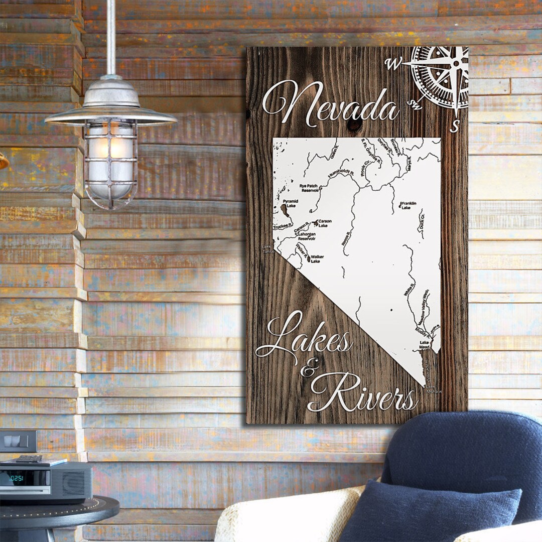 State of Nevada Lakes and Rivers Map | Laser-engraved Burnt Wooden Map