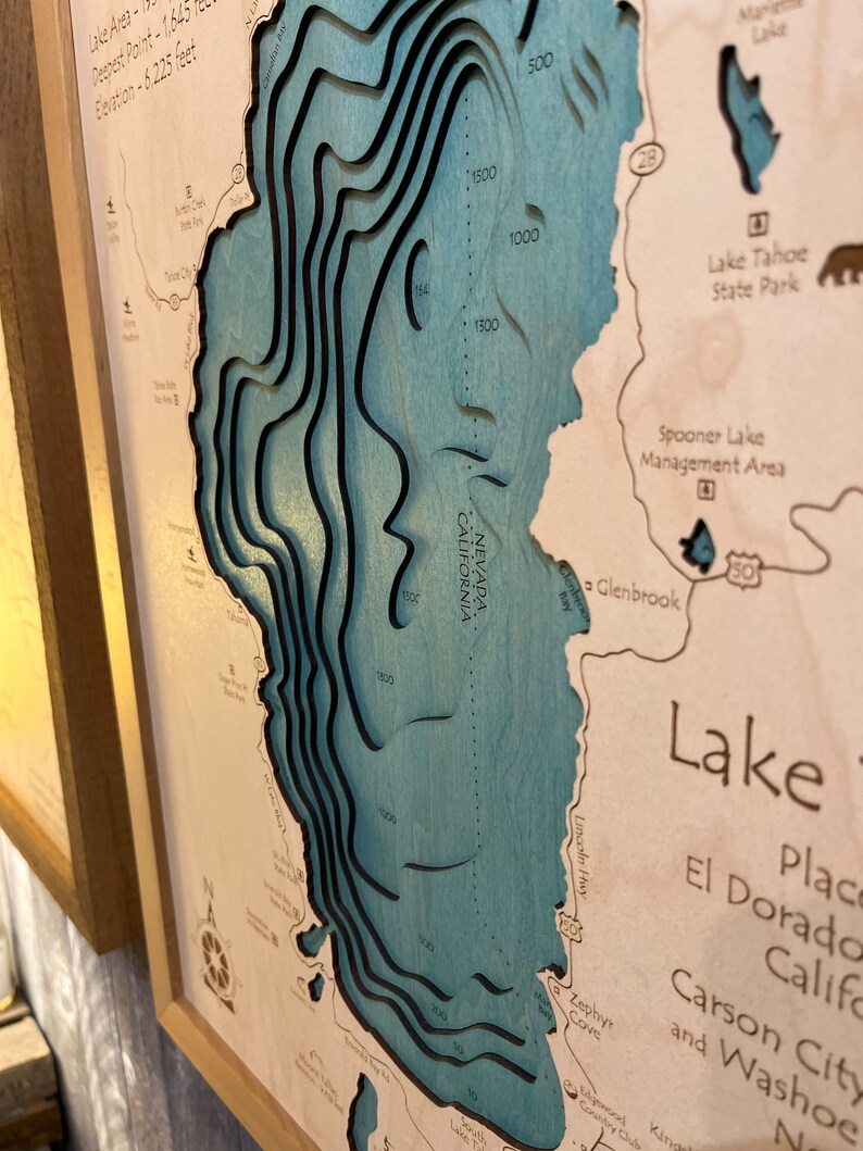 Wooden Lake Tahoe Map, Multi Layer Nautical Wood Map Lake Tahoe Gift