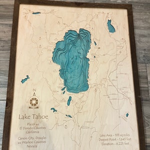 Lake Tahoe 3d Wood Map, Tahoe Rim Trail Map, Multi Layer Nautical Wood Map | Lake Tahoe Gift, Hiking Gift, 3d map