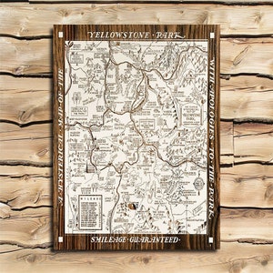 Wooden Yellowstone National Park Map, &#39;Hysterical&#39; Wood Map |  Laser-engraved Burnt Wooden Map | Custom Wood Wall Art