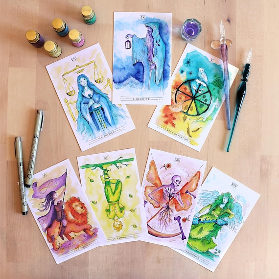 Watercolor Tarot Deck - 78 Major and Minor Arcana Cards - Color
