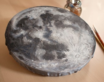 Moon handmade painting on circle canvas, home decoration