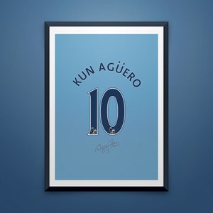Sergio Aguero number 10 shirt, Manchester City, The Blues, Premier League Champions 2020 2021, Blue Moon, Man City Fans, man cave prints