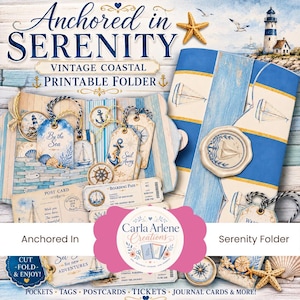 May include: A printable folder set titled Anchored in Serenity featuring vintage coastal designs. Includes blue and white striped patterns, nautical motifs like anchors, sailboats, lighthouses, and starfish, along with tags, postcards, and tickets.