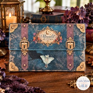May include: A rectangular blue box with a distressed texture, featuring two vertical purple straps with gold-toned buckles and corner accents. The center displays a decorative label with the text Moonlit Autumn, a crescent moon, and a pale green moth.