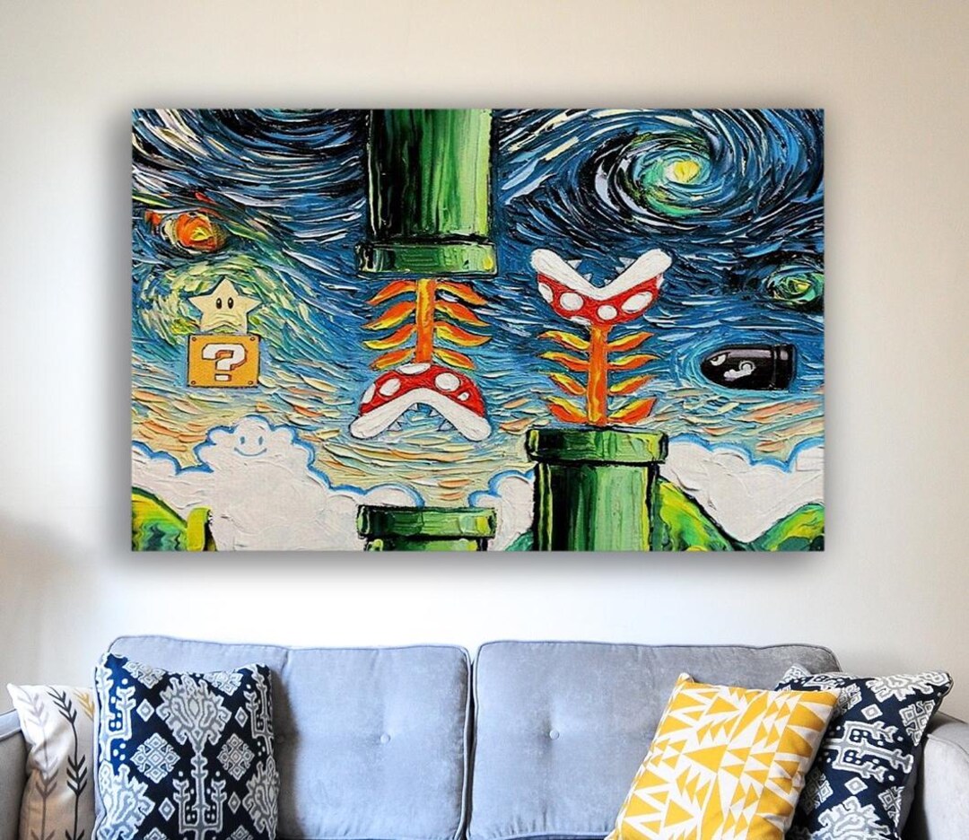 Mario World Starry Night Canvas Print, Gaming Room Wall Art, Retro Game ...