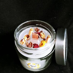 Scented Soy Wax Candle. Totally Natural with wooden wick and floral decoration.