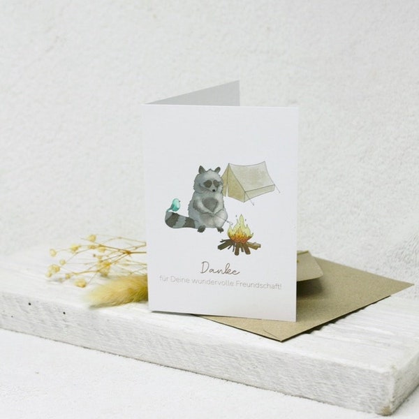 2er Set Minikarten für Freunde "Waschbär am Lagerfeuer" DIN A7 | Kleine Karte Dankeschön Freundschaft Geschenk für Freunde nachhaltig