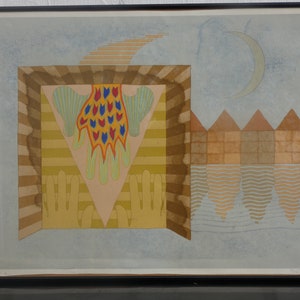 Könnte beinhalten: Abstrakter Kunstdruck in einem schwarzen Rahmen. Das Kunstwerk zeigt ein geometrisches Design mit einer handähnlichen Form in der Mitte, mit blauen, roten und gelben Details. Ein Halbmond und eine Reihe von dreieckigen Formen sind ebenfalls zu sehen.