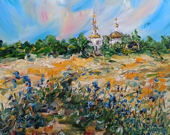 Field of Wheat with Wildflowers Original ART 12x 16 Landscape Painting by Justyna Kostkowska Buttercups and Cornflowers in Poland