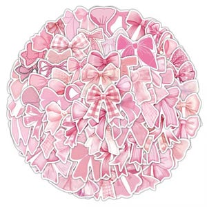 May include: A large collection of pink bow stickers. The stickers are in various shapes and sizes, and some have a checkered pattern.