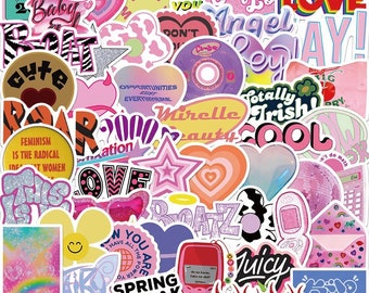 May include: A collection of colorful stickers with various designs and phrases, including "Love is Love", "Baby", "Cute", "Totally Trish", "Spring Break", and "Juicy".