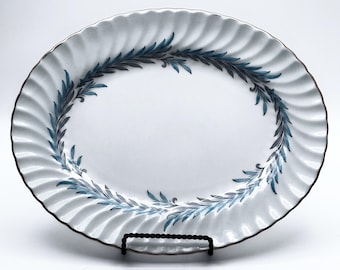 Minton Bone China Platter Symphony Blue S-557, Large Oval Serving Tray, Vintage English Dinnerware, Blue Laurel Gold Trim Discontinued Piece