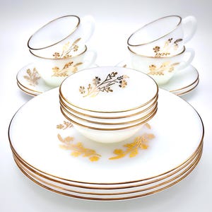 Vintage Federal Glass “Golden Glory” Milk Glass Dinnerware Set – White Milk Glass with 22k Gold Wheat Pattern – 1950s–1960s