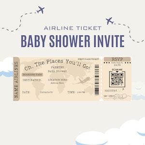 Może przedstawiać: Zaproszenie na baby shower w formie biletu lotniczego. Bilet zawiera napis "Ch. The Places You'll Go!" wraz z mapą świata i grafiką samolotu. Bilet zawiera również informacje o wydarzeniu, takie jak data, godzina, miejsce i dane kontaktowe do RSVP.