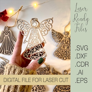 Christmas laser cut files, Christmas Angels Laser Cut, Angel Christmas tree topper SVG, Christmas Angel Ornament Svg, Glowforge Svg File